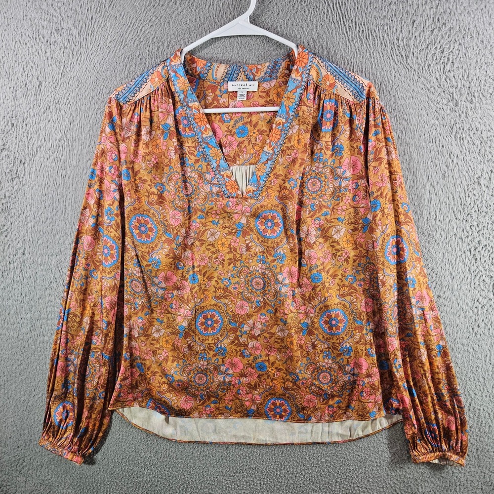 Current Air Los Angeles‎ Floral Paisley Medallion Blouse Mustard Blue Size L